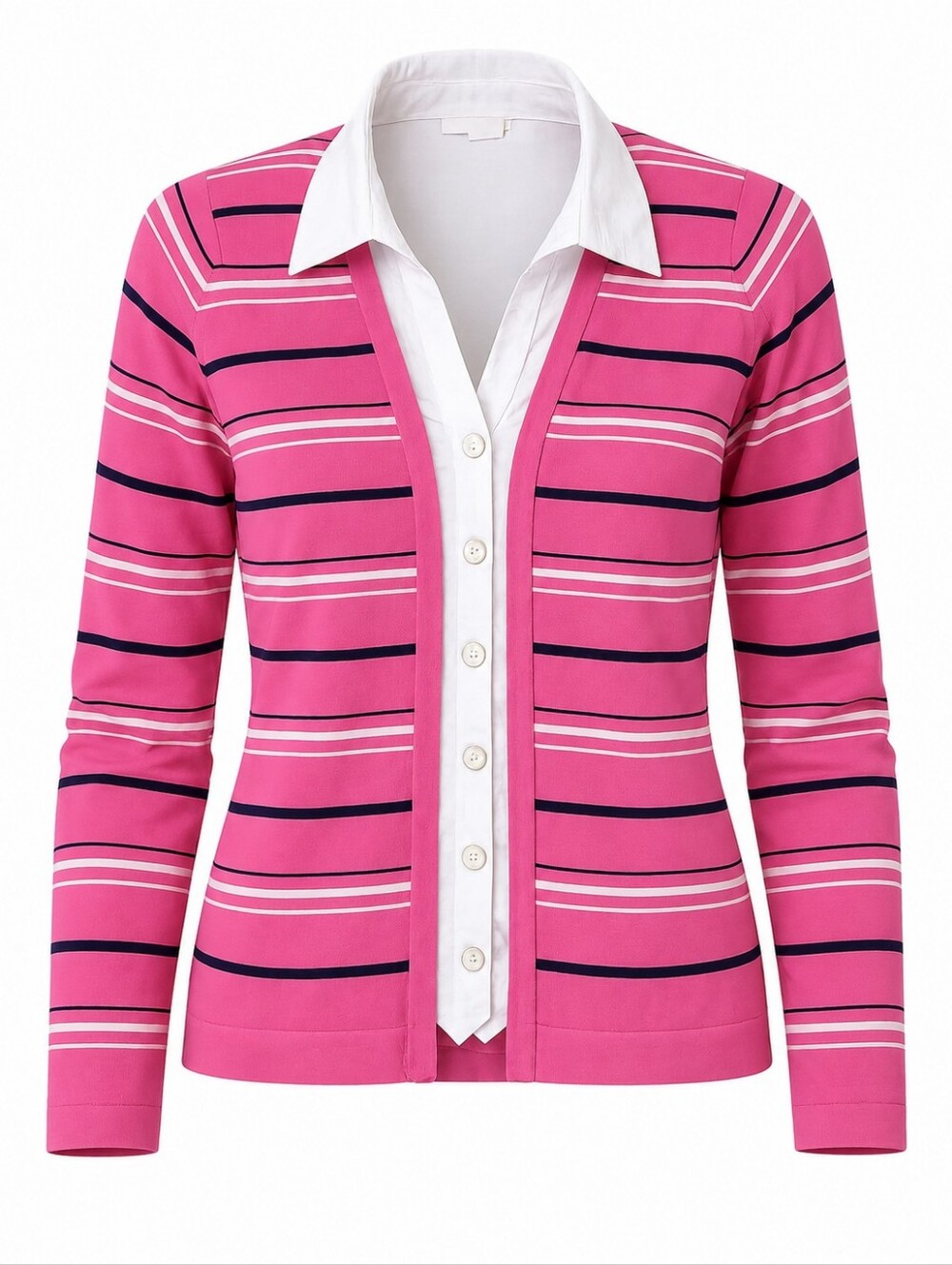 Alia Petite Women's Cotton Pink Striped Cardigan with Mock Shirt Front Size L